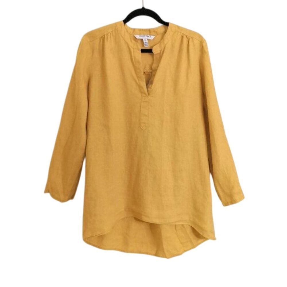 Ellen Tracy‎ Linen Blouse Roll Tab Sleeves Golden Yellow Size L